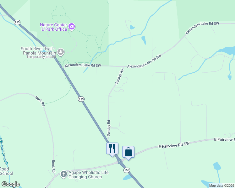 map of restaurants, bars, coffee shops, grocery stores, and more near 2738 Sunday Road in Stockbridge