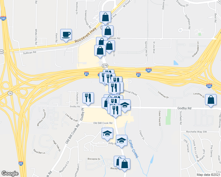 map of restaurants, bars, coffee shops, grocery stores, and more near 5015 Old National Hwy in College Park