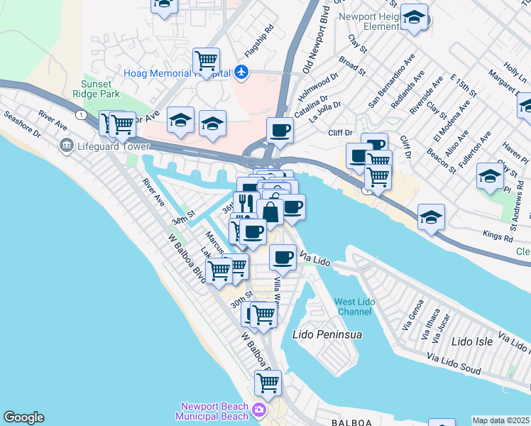 map of restaurants, bars, coffee shops, grocery stores, and more near 3475 Newport Boulevard in Newport Beach