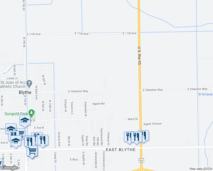 map of restaurants, bars, coffee shops, grocery stores, and more near Ranchette Road in Blythe
