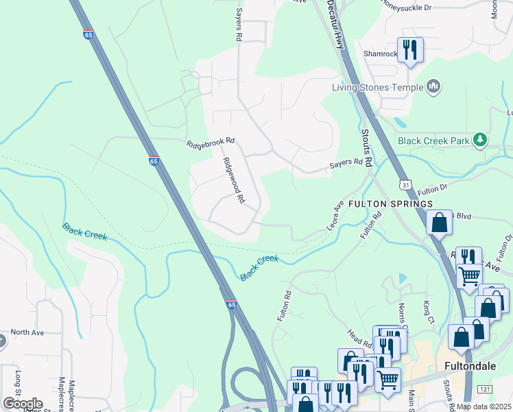 map of restaurants, bars, coffee shops, grocery stores, and more near 2300 Ridgebrook Road in Fultondale