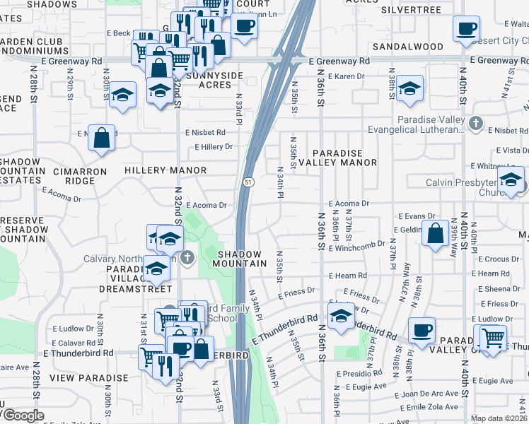 map of restaurants, bars, coffee shops, grocery stores, and more near 14442 North 35th Street in Phoenix