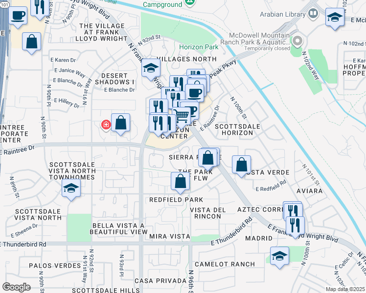 map of restaurants, bars, coffee shops, grocery stores, and more near 9555 East Raintree Drive in Scottsdale