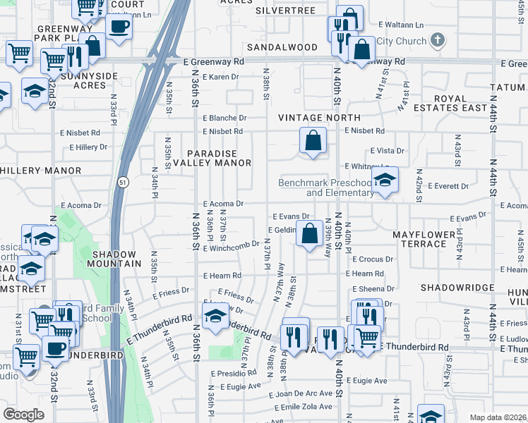 map of restaurants, bars, coffee shops, grocery stores, and more near 14444 North 37th Place in Phoenix