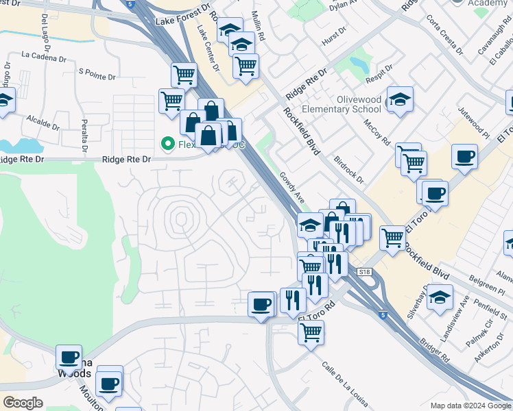map of restaurants, bars, coffee shops, grocery stores, and more near 2116 Via Puerta in Laguna Woods