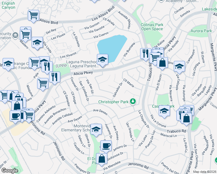 map of restaurants, bars, coffee shops, grocery stores, and more near 26602 Lira Circle in Mission Viejo