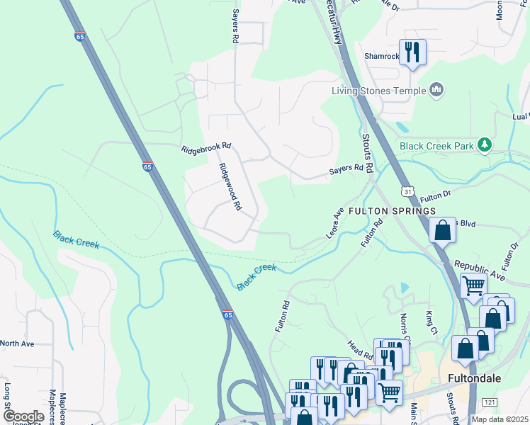 map of restaurants, bars, coffee shops, grocery stores, and more near 2225 Ridgebrook Road in Fultondale