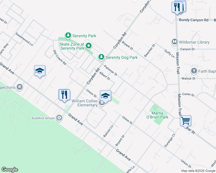 map of restaurants, bars, coffee shops, grocery stores, and more near 20110 Autumn Oak Place in Wildomar