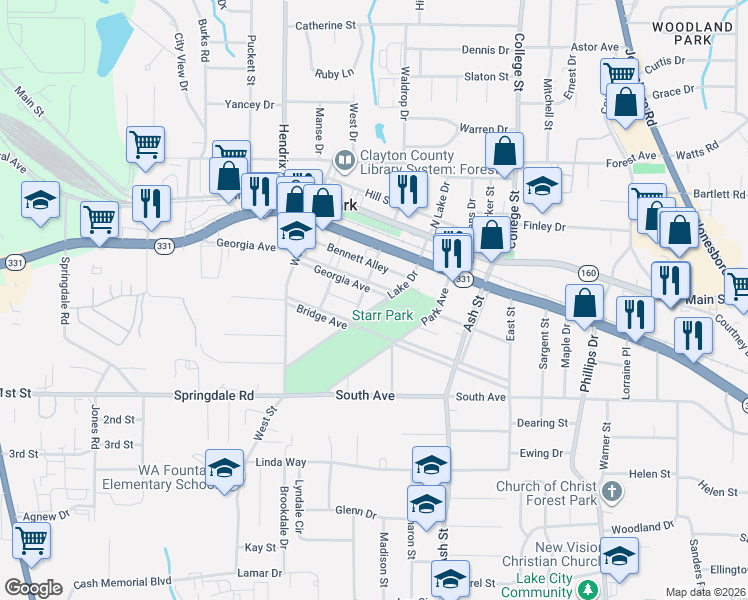 map of restaurants, bars, coffee shops, grocery stores, and more near 5031 Park Avenue in Forest Park