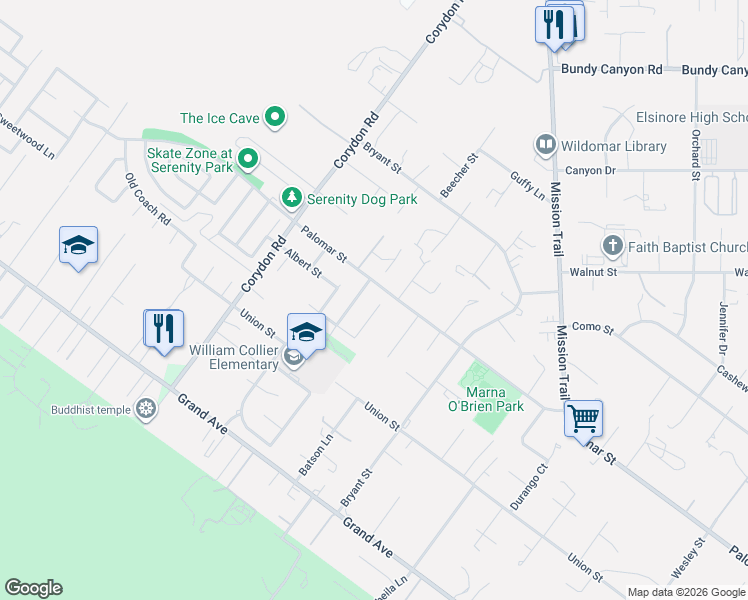 map of restaurants, bars, coffee shops, grocery stores, and more near 32543 Cedar Spring Court in Wildomar