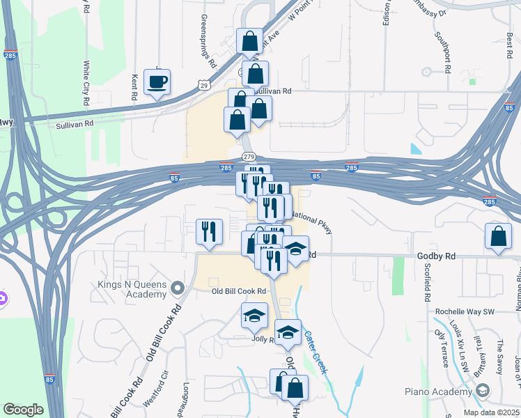 map of restaurants, bars, coffee shops, grocery stores, and more near 5015 Old National Highway in Atlanta