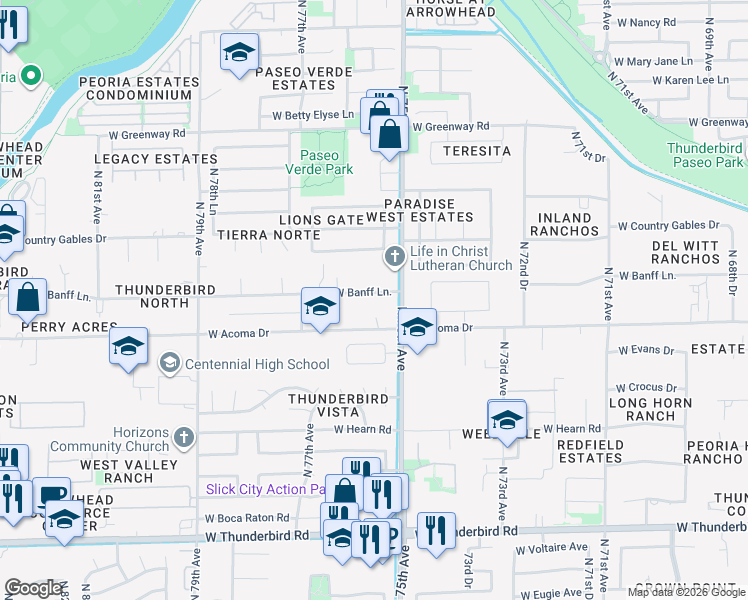 map of restaurants, bars, coffee shops, grocery stores, and more near 7520 West Acoma Drive in Peoria