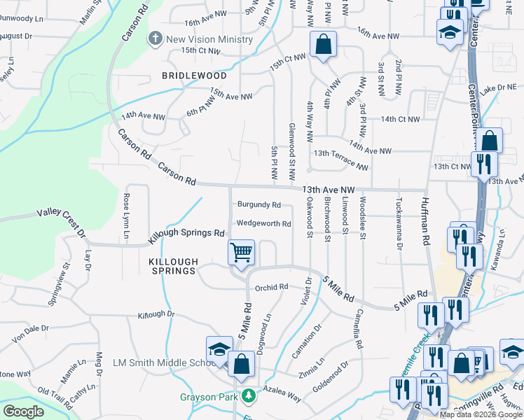 map of restaurants, bars, coffee shops, grocery stores, and more near 429 Burgundy Road in Birmingham
