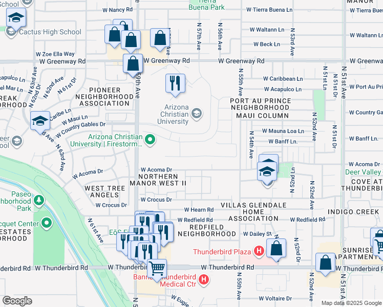 map of restaurants, bars, coffee shops, grocery stores, and more near 5650 West Saint Moritz Lane in Glendale