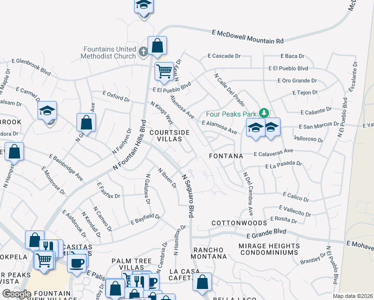 map of restaurants, bars, coffee shops, grocery stores, and more near 14601 North Olympic Way in Fountain Hills