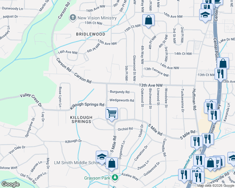 map of restaurants, bars, coffee shops, grocery stores, and more near 437 Burgundy Road in Birmingham