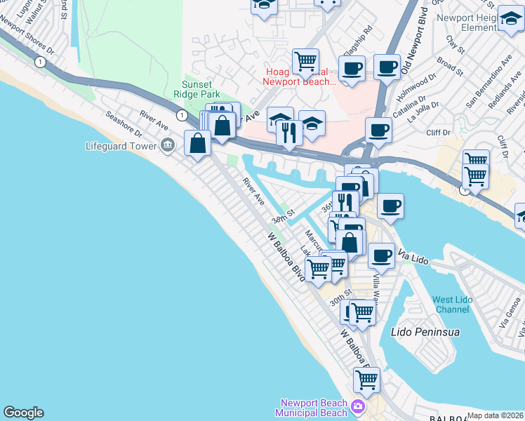 map of restaurants, bars, coffee shops, grocery stores, and more near in Newport Beach