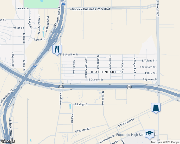 map of restaurants, bars, coffee shops, grocery stores, and more near 510 East Rice Street in Lubbock