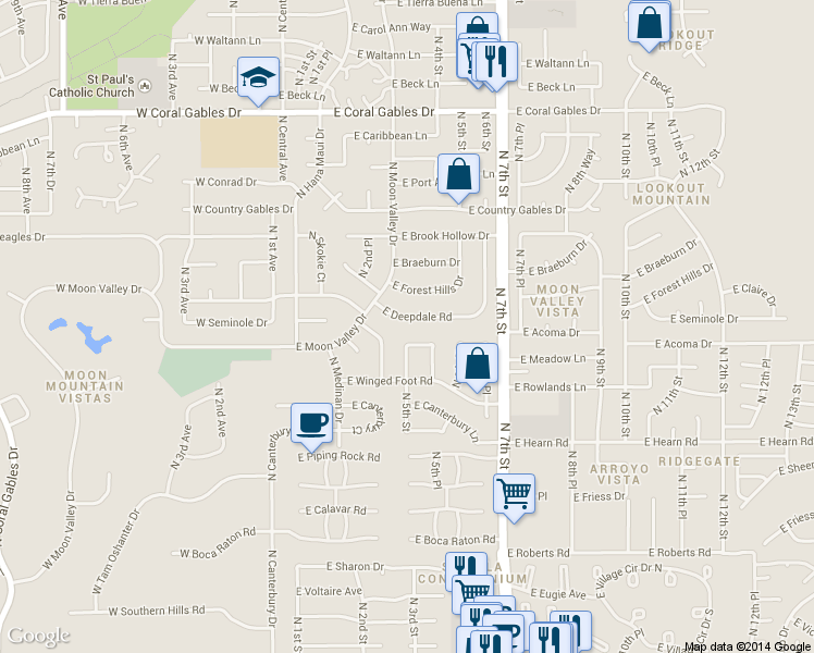 map of restaurants, bars, coffee shops, grocery stores, and more near 14426 North 5th Street in Phoenix