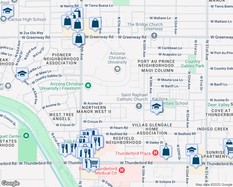 map of restaurants, bars, coffee shops, grocery stores, and more near 5620 West Acoma Drive in Glendale