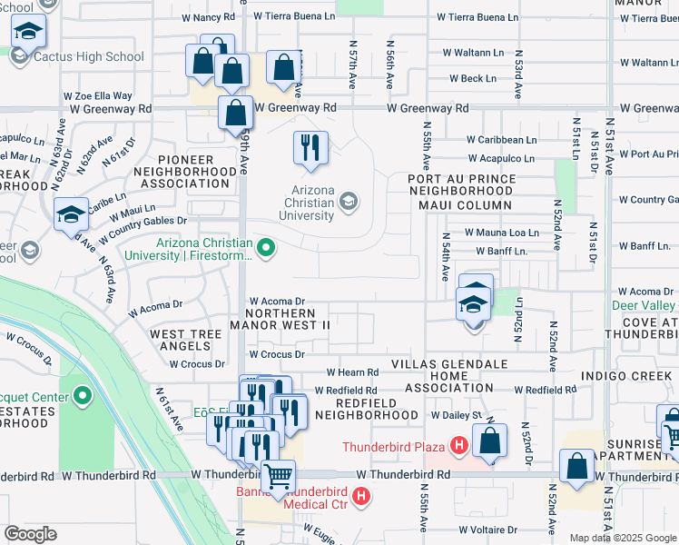 map of restaurants, bars, coffee shops, grocery stores, and more near 5620 West Acoma Drive in Glendale