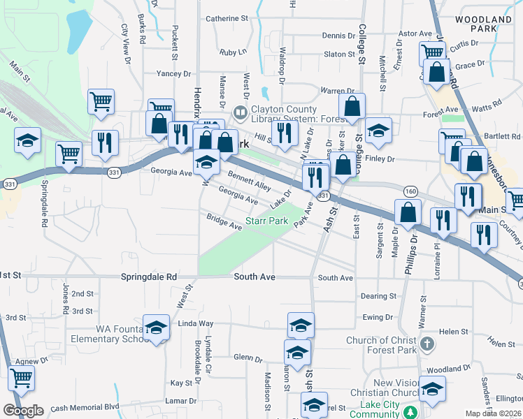 map of restaurants, bars, coffee shops, grocery stores, and more near 5031 Park Avenue in Forest Park