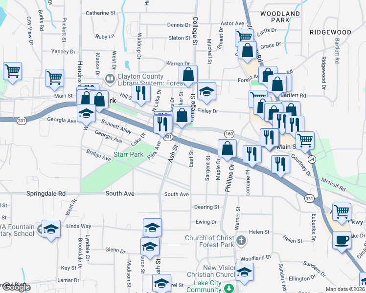 map of restaurants, bars, coffee shops, grocery stores, and more near 871 Forest Parkway in Forest Park