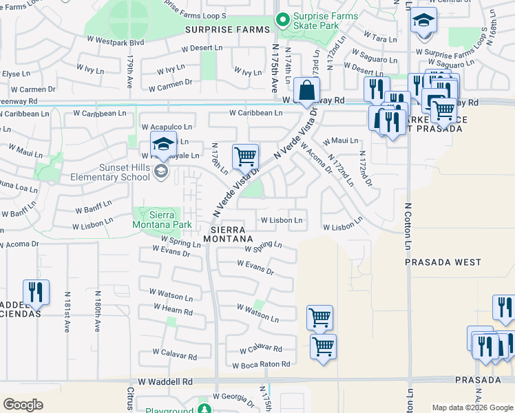map of restaurants, bars, coffee shops, grocery stores, and more near 17503 West Lisbon Lane in Surprise