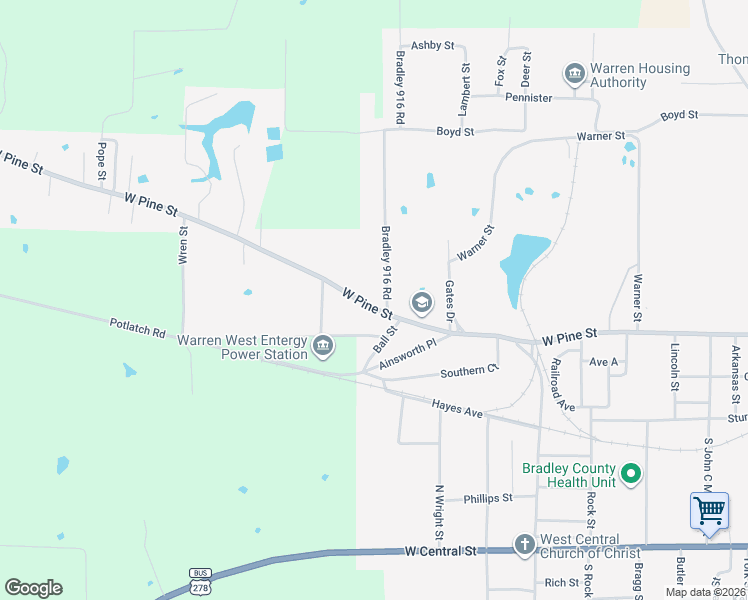 map of restaurants, bars, coffee shops, grocery stores, and more near 1411 West Pine Street in Warren