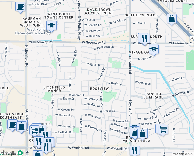 map of restaurants, bars, coffee shops, grocery stores, and more near 13324 West Banff Lane in Surprise