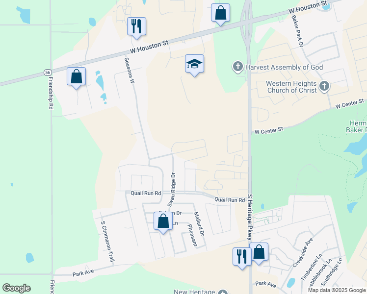 map of restaurants, bars, coffee shops, grocery stores, and more near 705 Swan Ridge Drive in Sherman