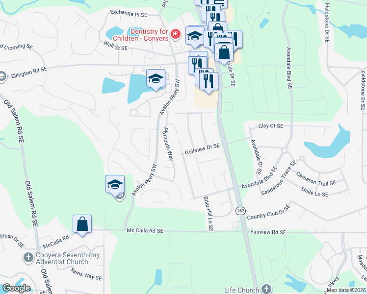 map of restaurants, bars, coffee shops, grocery stores, and more near 2609 Country Trce Southeast in Conyers