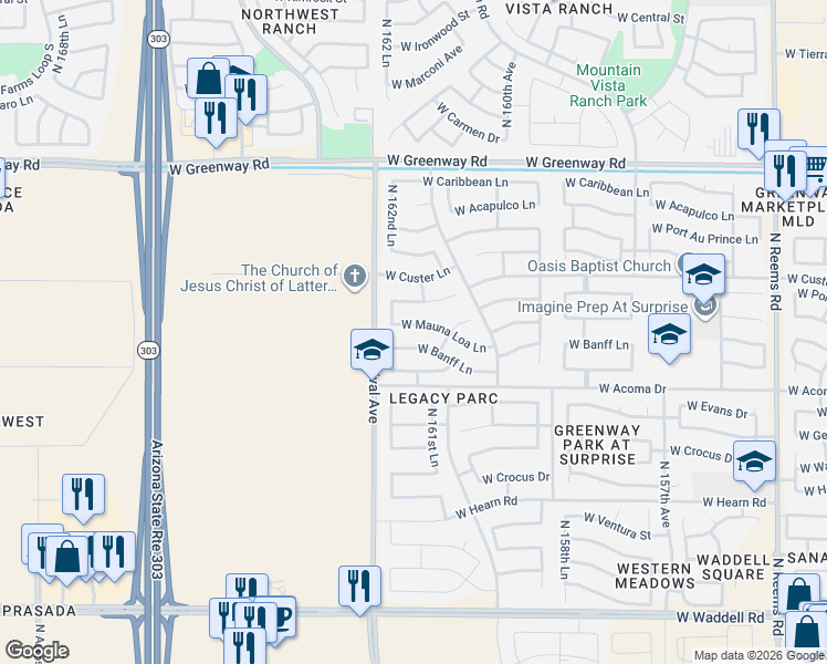 map of restaurants, bars, coffee shops, grocery stores, and more near 16235 West Banff Lane in Surprise