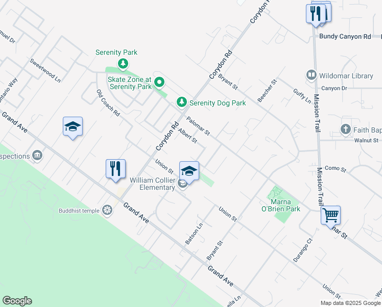map of restaurants, bars, coffee shops, grocery stores, and more near 20110 Autumn Oak Place in Wildomar