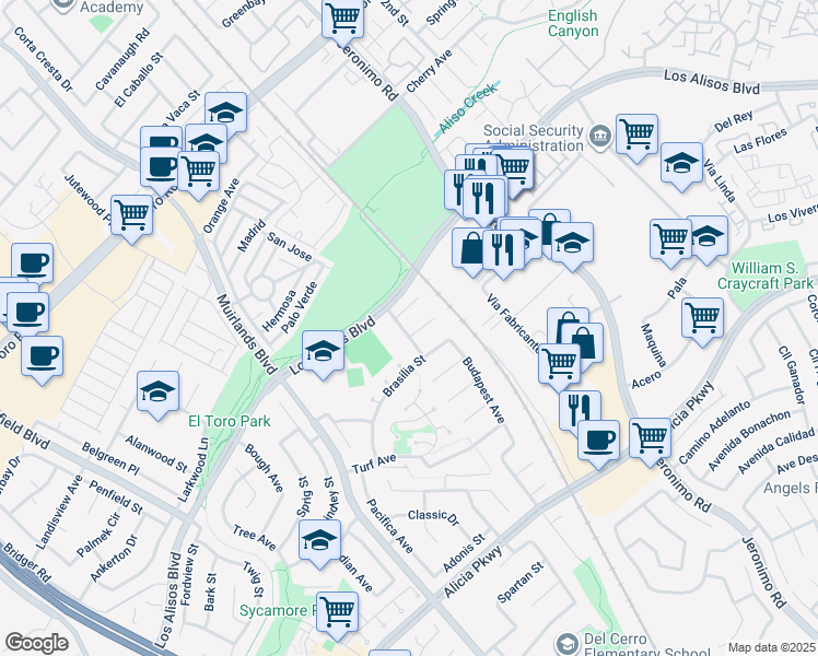 map of restaurants, bars, coffee shops, grocery stores, and more near 23661 Algiers Street in Mission Viejo