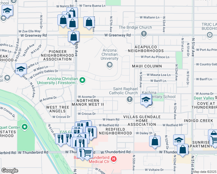 map of restaurants, bars, coffee shops, grocery stores, and more near 5644 West Saint Moritz Lane in Glendale