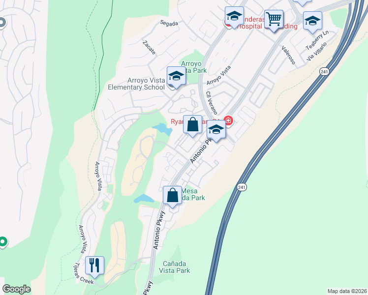 map of restaurants, bars, coffee shops, grocery stores, and more near 177 Vía Contento in Rancho Santa Margarita