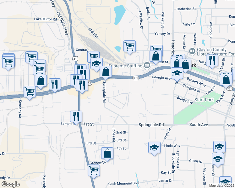 map of restaurants, bars, coffee shops, grocery stores, and more near 363 Forest Parkway in Forest Park