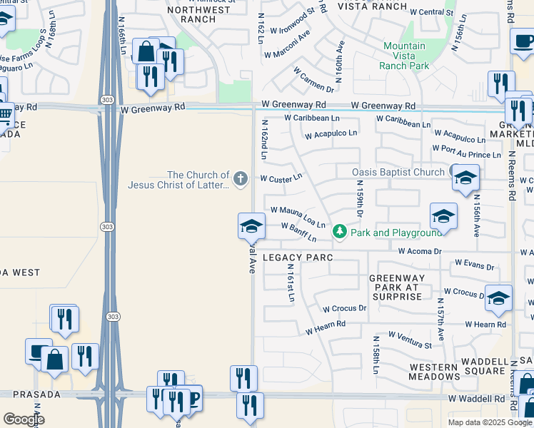 map of restaurants, bars, coffee shops, grocery stores, and more near 16241 West Mauna Loa Lane in Surprise