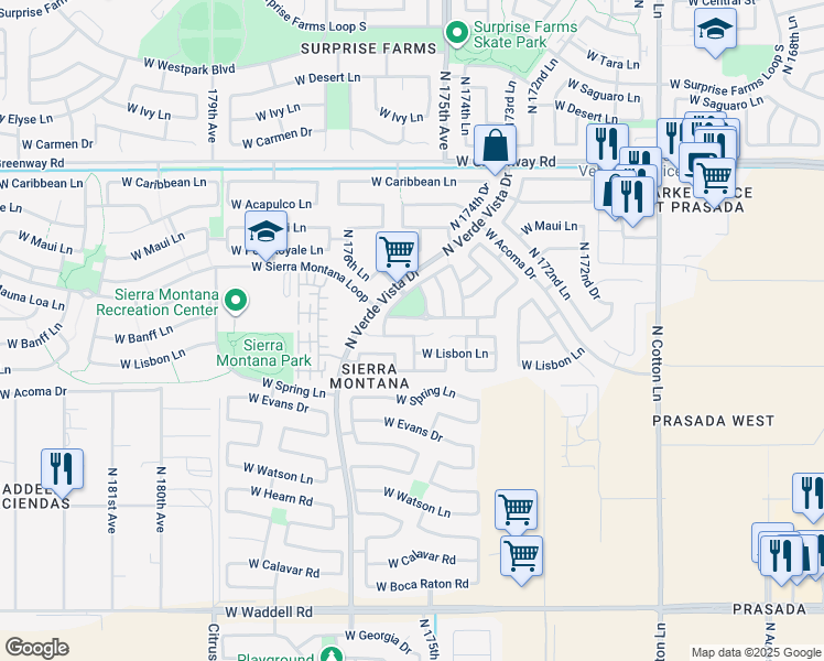 map of restaurants, bars, coffee shops, grocery stores, and more near 17557 West Mauna Loa Lane in Surprise