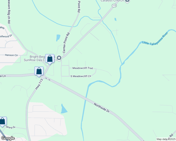 map of restaurants, bars, coffee shops, grocery stores, and more near 105 Meadowcliff Trail in Carrollton