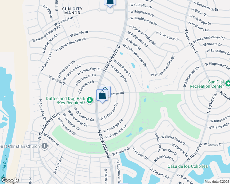 map of restaurants, bars, coffee shops, grocery stores, and more near 10610 West El Capitan Circle in Sun City