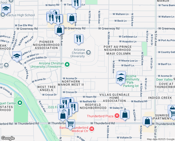 map of restaurants, bars, coffee shops, grocery stores, and more near 5644 West Saint Moritz Lane in Glendale