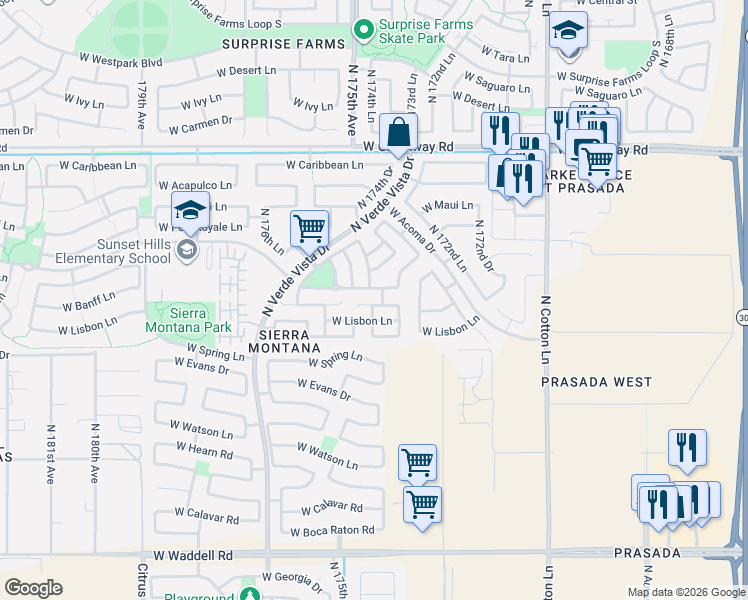 map of restaurants, bars, coffee shops, grocery stores, and more near 17433 West Holland Lane in Surprise