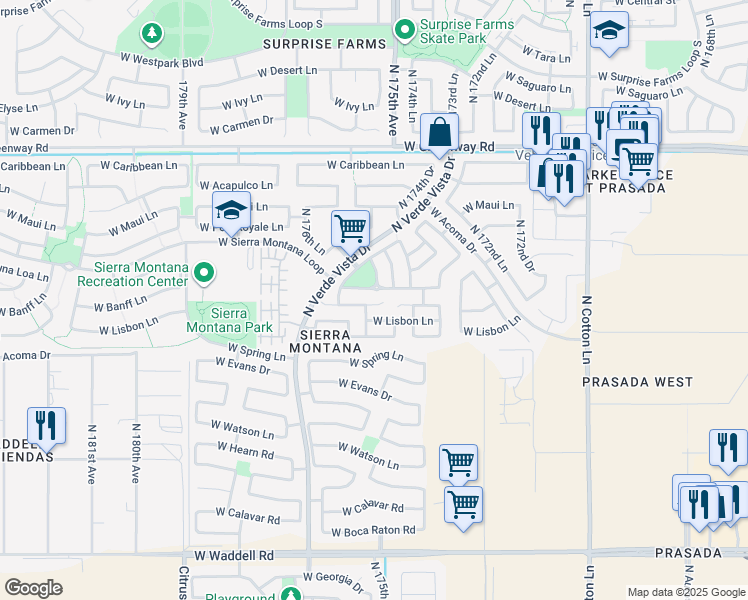 map of restaurants, bars, coffee shops, grocery stores, and more near 17528 West Banff Lane in Surprise