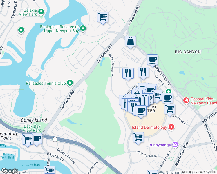 map of restaurants, bars, coffee shops, grocery stores, and more near 1455 Santa Barbara Drive in Newport Beach