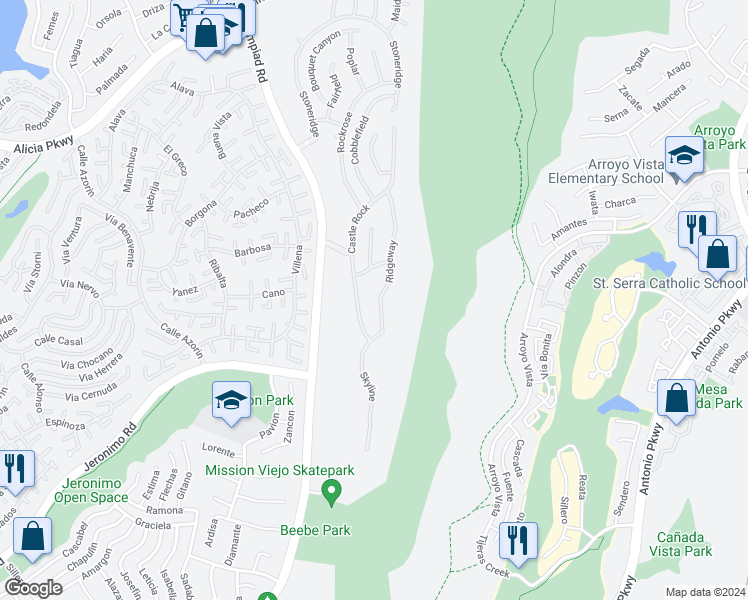 map of restaurants, bars, coffee shops, grocery stores, and more near 23679 Ridgeway in Mission Viejo
