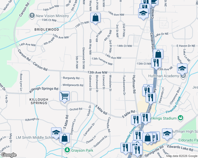 map of restaurants, bars, coffee shops, grocery stores, and more near 1237 Birchwood Street in Birmingham