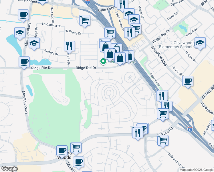 map of restaurants, bars, coffee shops, grocery stores, and more near 2290 Via Puerta in Laguna Woods