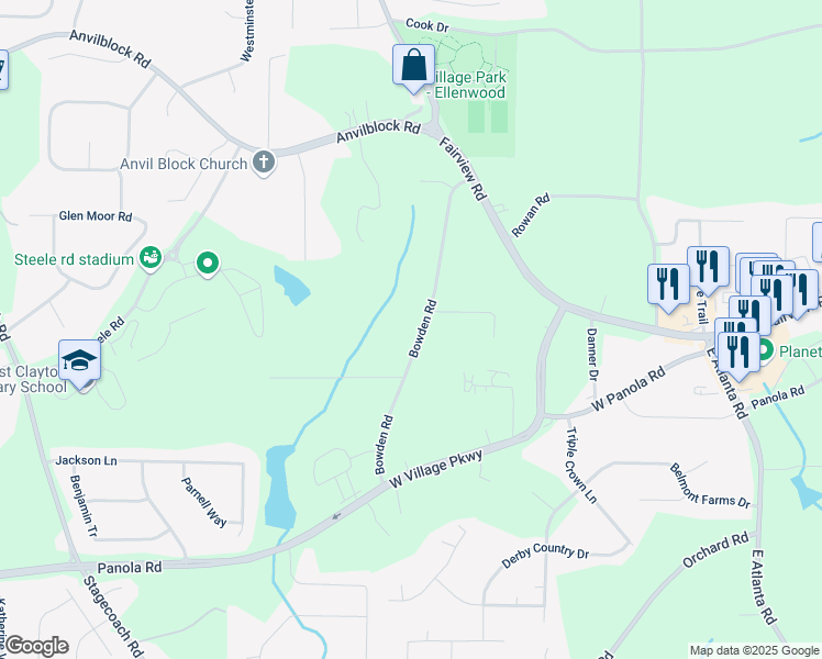 map of restaurants, bars, coffee shops, grocery stores, and more near 187 Bowden Road in Ellenwood